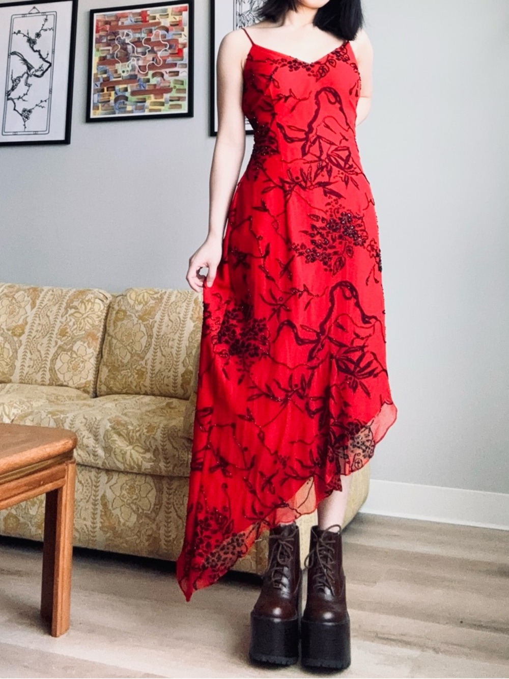 90s grunge vintage red silk beaded asymmetric prom slip dress